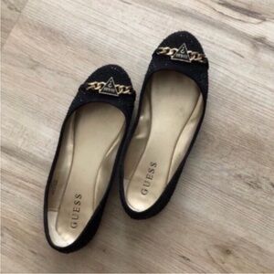 Guess Black Flats with Gold Chain Accent